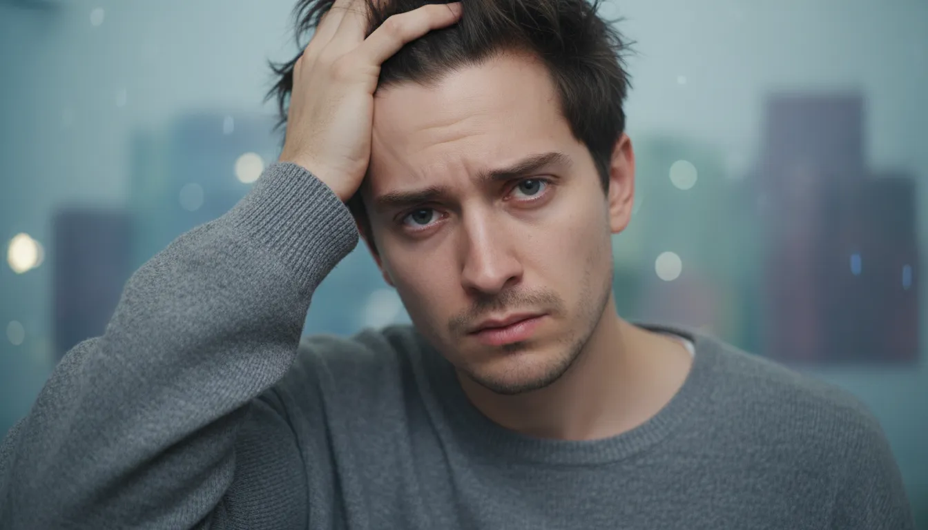 Pessoa com semblante confuso, sentindo os efeitos e desafios do remédio para depressão e ansiedade.