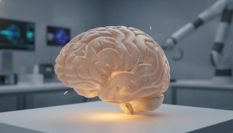 Representação fotorrealista de um cérebro com eletrodos, ilustrando a estimulação cerebral profunda e seus alvos.