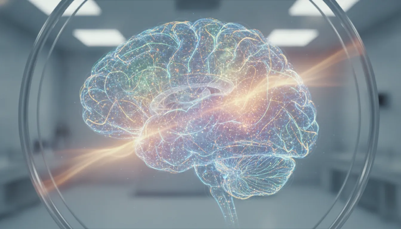Visualização de cérebro com vias neurais ativas, representando neurociência e tratamento da depressão eficaz.