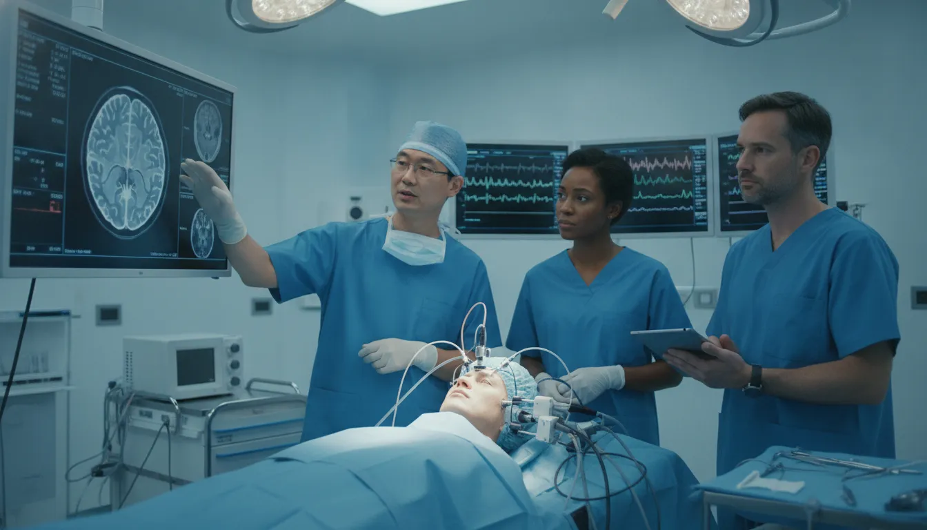 Equipe médica discutindo um caso de estimulação cerebral profunda em sala cirúrgica com tecnologia avançada.
