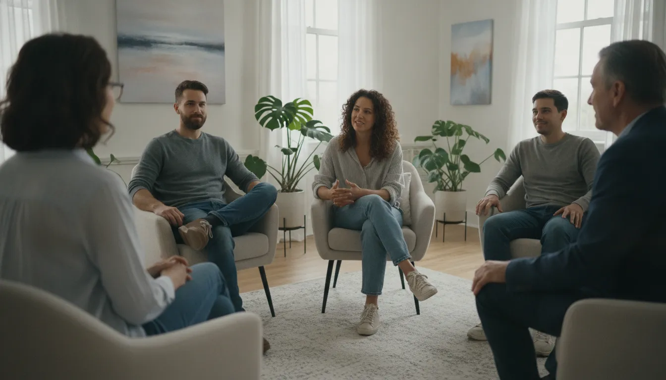 Grupo de adultos em terapia, discutindo TDAH e tratamento, compartilhando experiências para apoio mútuo.