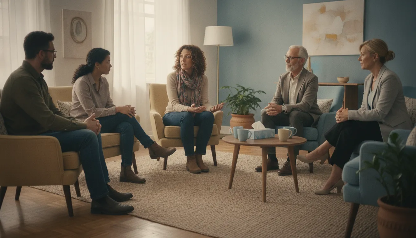 Grupo em sessão de terapia, discutindo abertamente sobre o transtorno de ansiedade generalizada e tratamentos modernos.