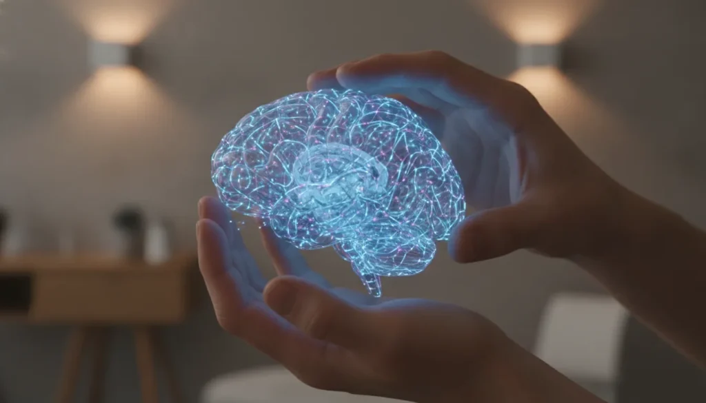 Mãos seguram modelo cerebral luminoso, simbolizando esperança para depressão resistente ao tratamento.
