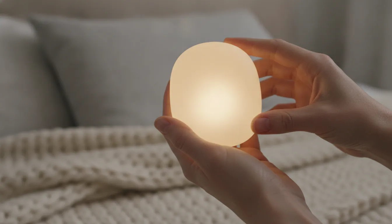 Mãos seguram dispositivo de terapia com luz, promovendo neuromodulação e bem-estar em ambiente acolhedor.