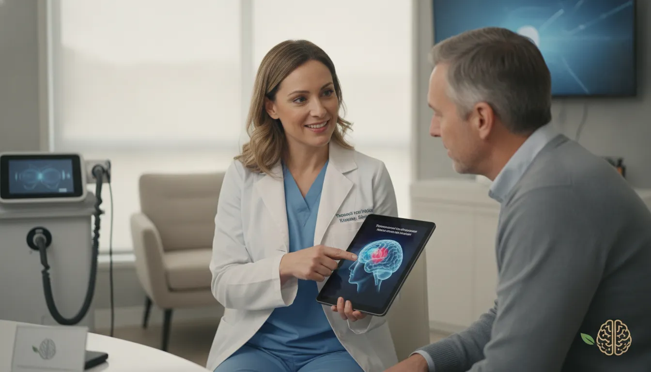 Médica explica procedimento de estimulação magnética transcraniana (EMT) ao paciente, gerando confiança.
