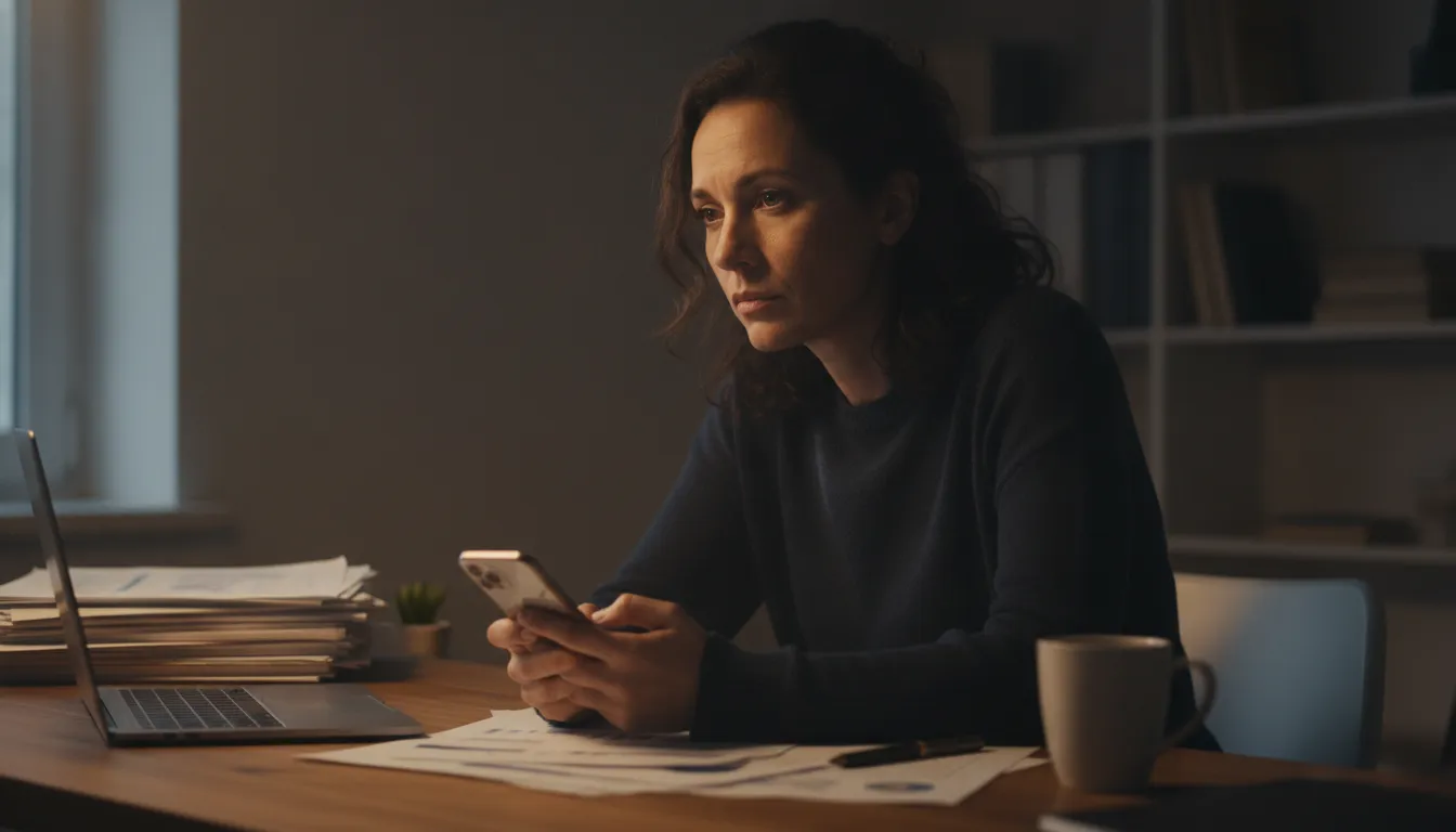 Mulher isolada em home office, refletindo sinais de alerta na saúde mental no trabalho.