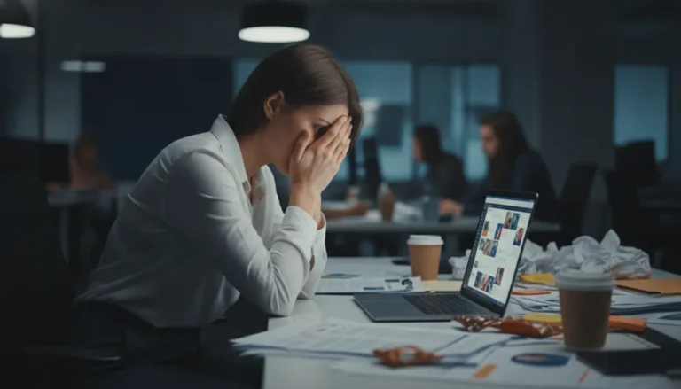 Mulher jovem exausta no trabalho, representando a síndrome de burnout e o esgotamento profissional extremo.