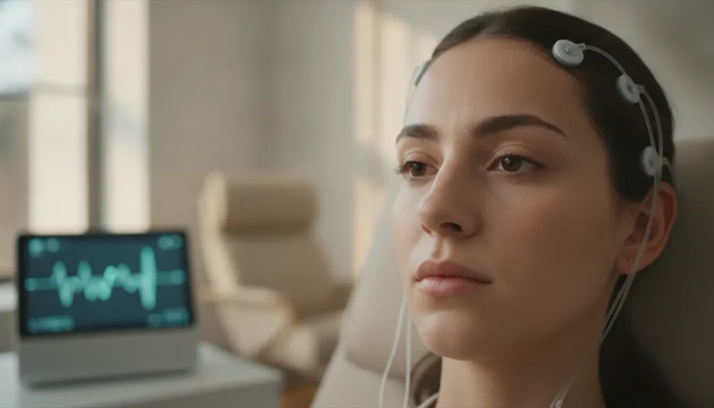 Paciente calmo em sessão de neurofeedback, com eletrodos na cabeça, em ambiente clínico moderno e acolhedor.