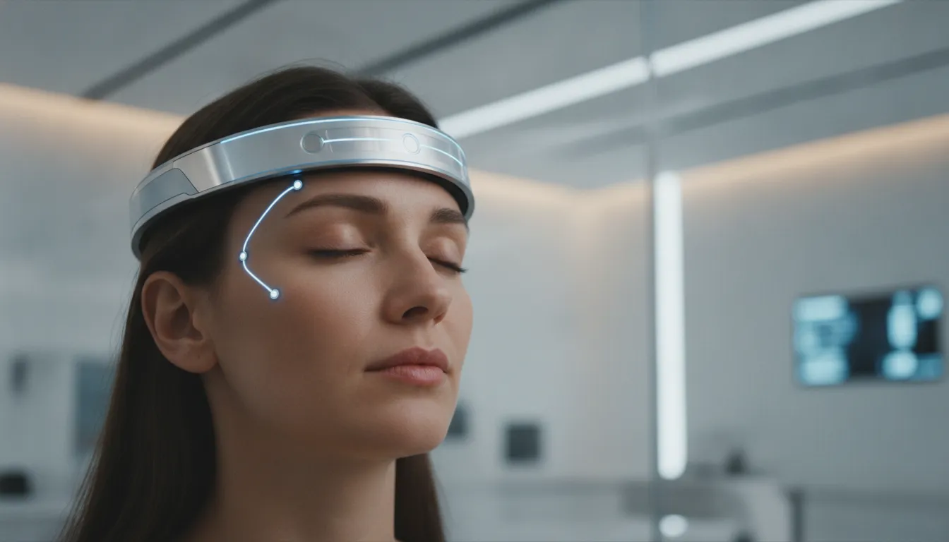 Pessoa com equipamento de neuromodulação, focando em tratamento da depressão além de remédios.