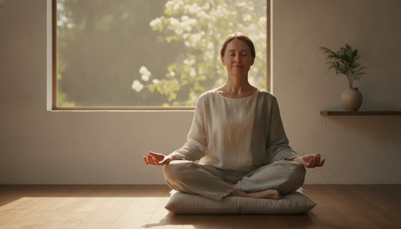 Pessoa meditando em ambiente calmo, representando o tratamento e recuperação da síndrome de burnout.