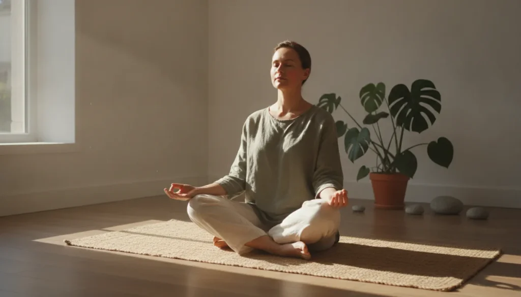 Pessoa praticando respiração profunda em ambiente calmo. Uma técnica eficaz para como controlar ansiedade e encontrar paz interior.