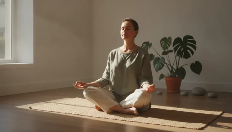 Pessoa praticando respiração profunda em ambiente calmo. Uma técnica eficaz para como controlar ansiedade e encontrar paz interior.
