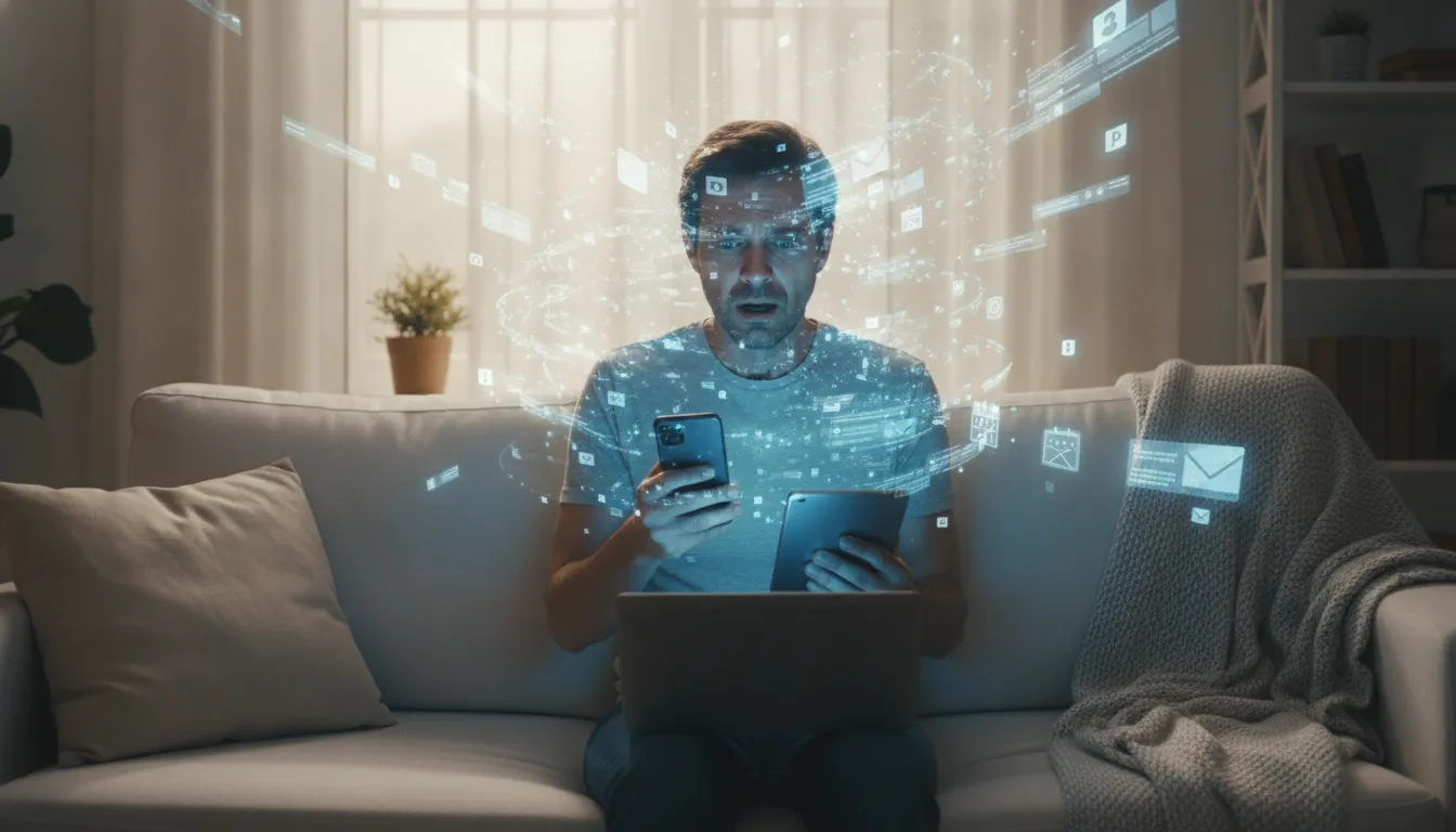 Pessoa sobrecarregada por notificações digitais em casa, simbolizando as causas da síndrome de burnout.