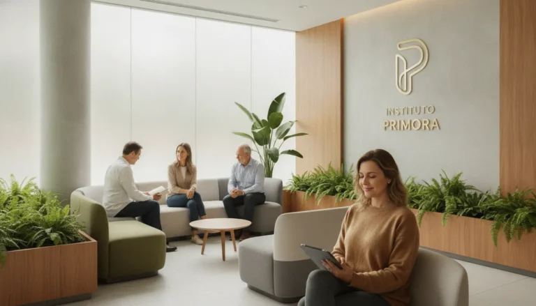 Pessoas em ambiente clínico moderno, representando esperança no tratamento da depressão com neuromodulação avançada.