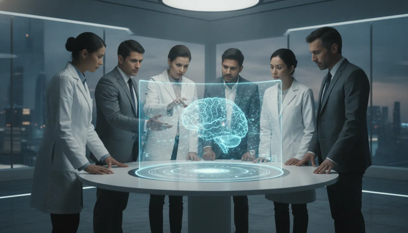 Profissionais de saúde mental discutem novos protocolos para depressão resistente em tela holográfica avançada.