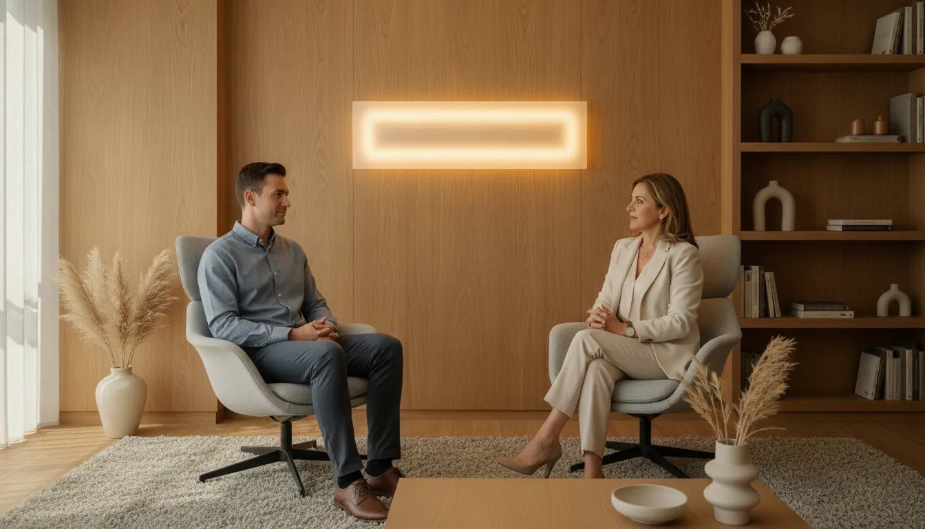 Sessão de terapia com luz em clínica moderna, oferecendo cuidado emocional e psicológico inovador.
