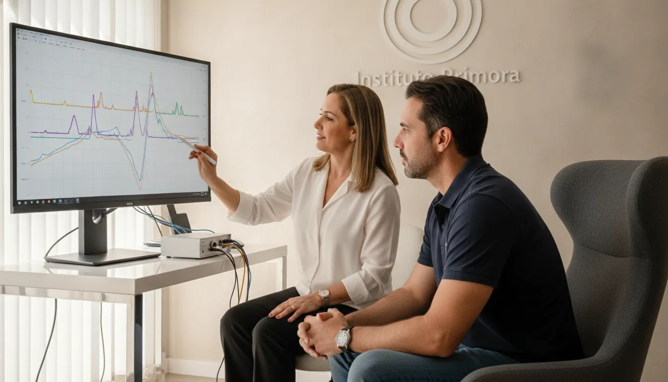 Terapeuta explica gráfico de neurofeedback a paciente atento, destacando benefícios da técnica inovadora.
