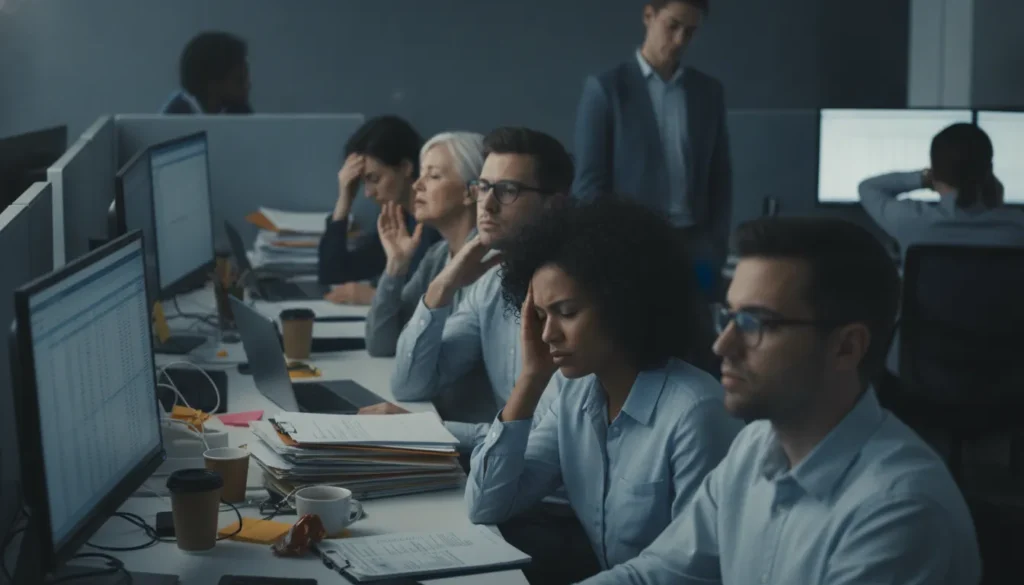Trabalhadores estressados em escritório moderno, refletindo a saúde mental no trabalho e seus impactos.