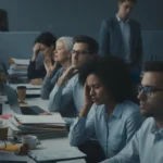 Trabalhadores estressados em escritório moderno, refletindo a saúde mental no trabalho e seus impactos.