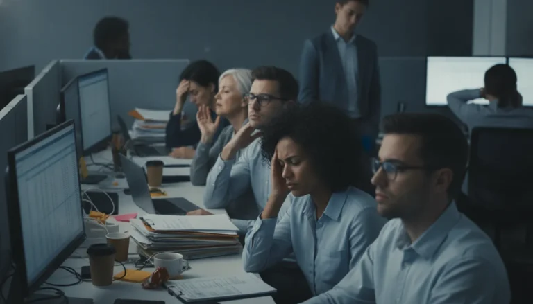 Trabalhadores estressados em escritório moderno, refletindo a saúde mental no trabalho e seus impactos.