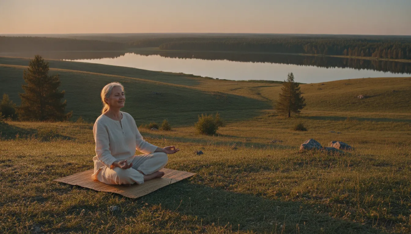 Idoso pratica meditação mindfulness ao ar livre, conectando-se à natureza para reduzir estresse e melhorar bem-estar.