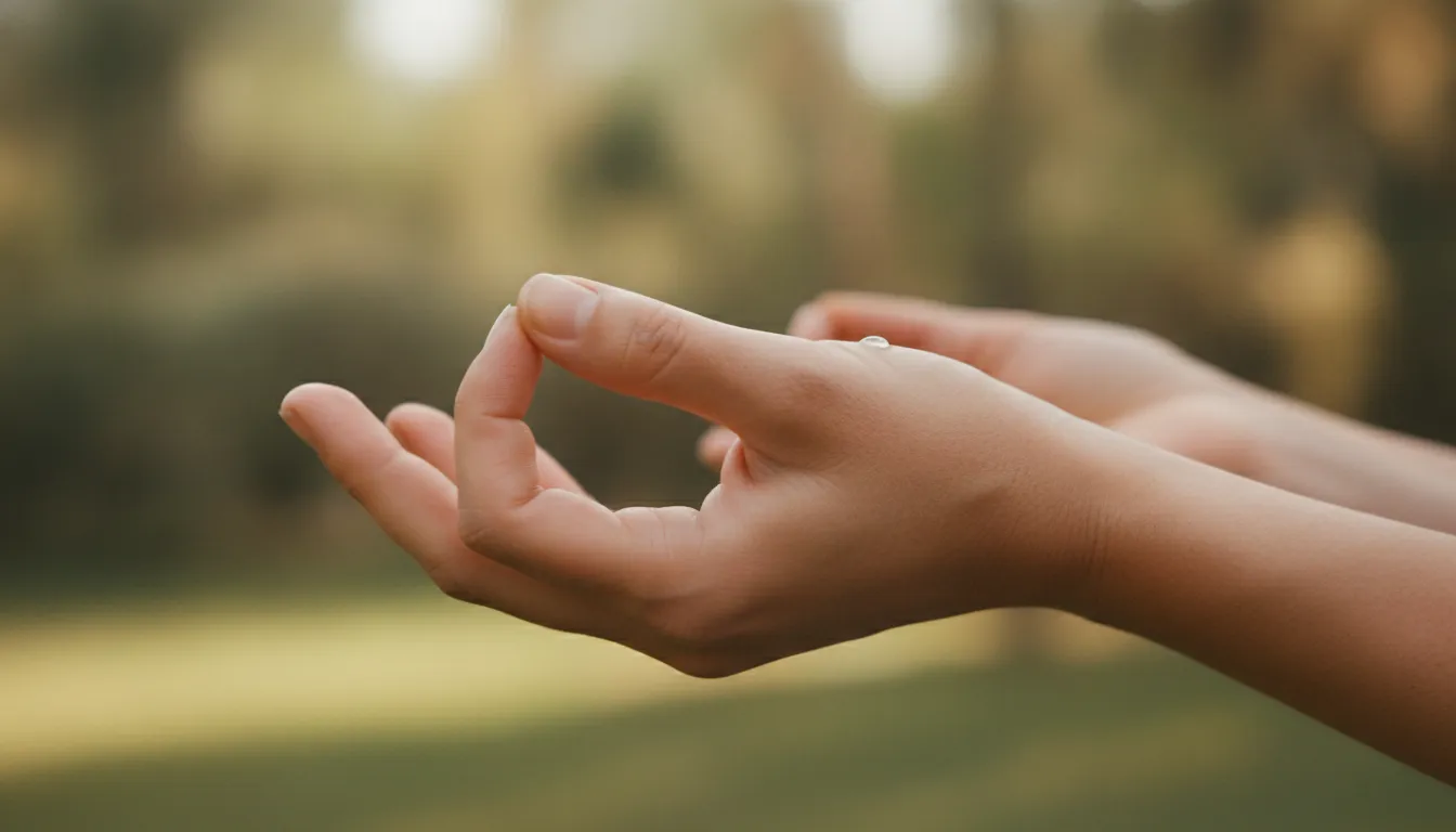 Mãos em gesto de meditação mindfulness, simbolizando calma e conexão interior para saúde mental.