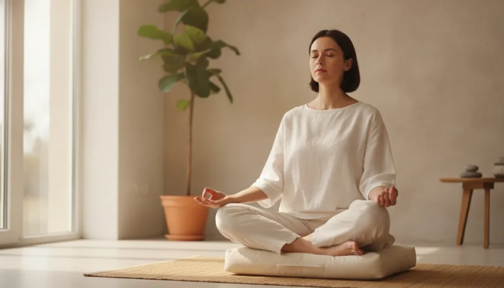 Mulher serena pratica meditação mindfulness em sala iluminada, promovendo bem-estar e redução do estresse.
