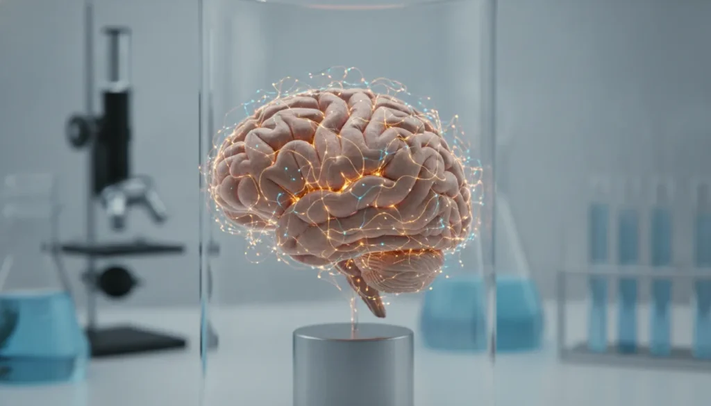 Visualização artística da neuroplasticidade: intrincadas redes neurais iluminadas no cérebro humano, simbolizando a capacidade de reorganização.