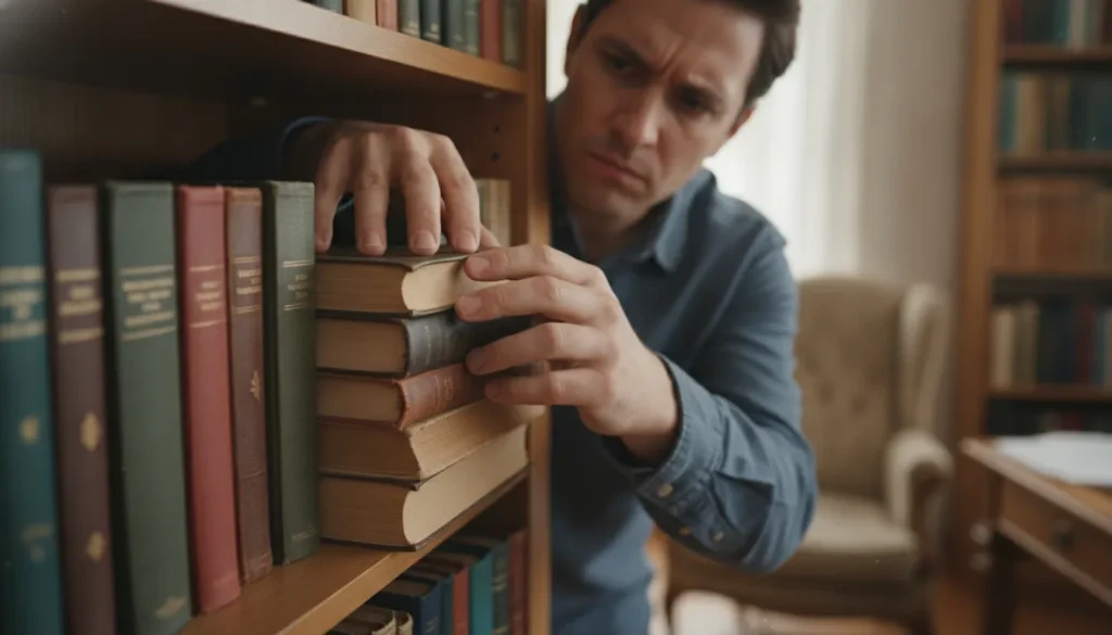 Pessoa organizando livros meticulosamente, refletindo o comportamento obsessivo do TOC. Foco nas mãos.