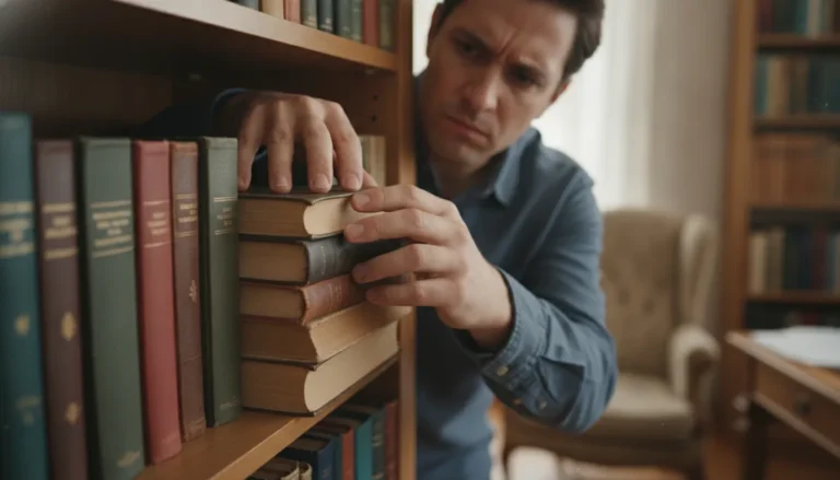 Pessoa organizando livros meticulosamente, refletindo o comportamento obsessivo do TOC. Foco nas mãos.
