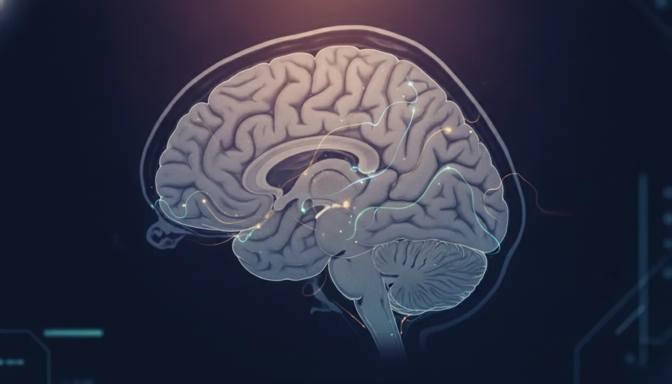 Imagem de ressonância magnética cerebral com padrões luminosos, representando neuromodulação na esquizofrenia.