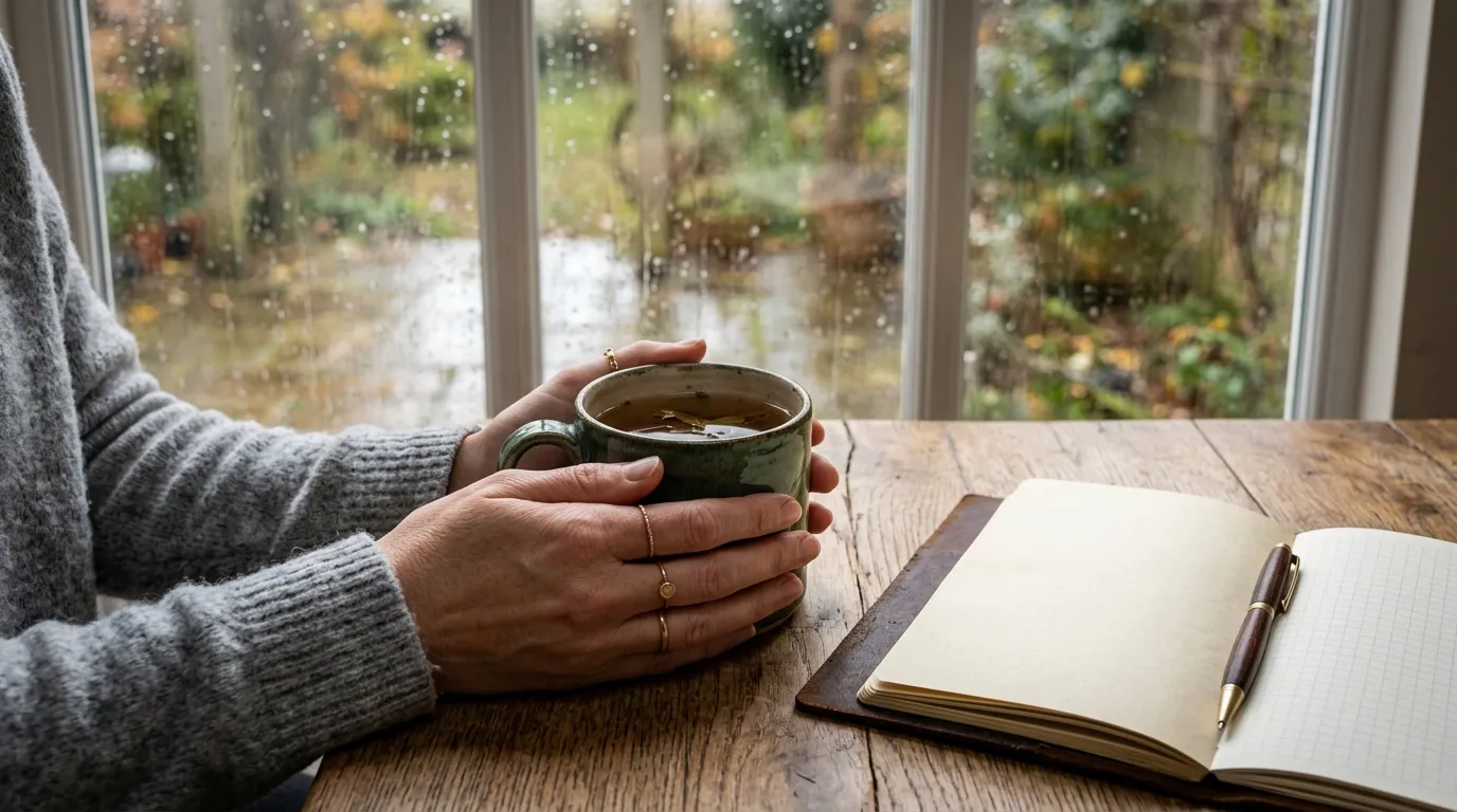Diário e xícara de chá simbolizando reflexão e inteligência emocional na rotina.