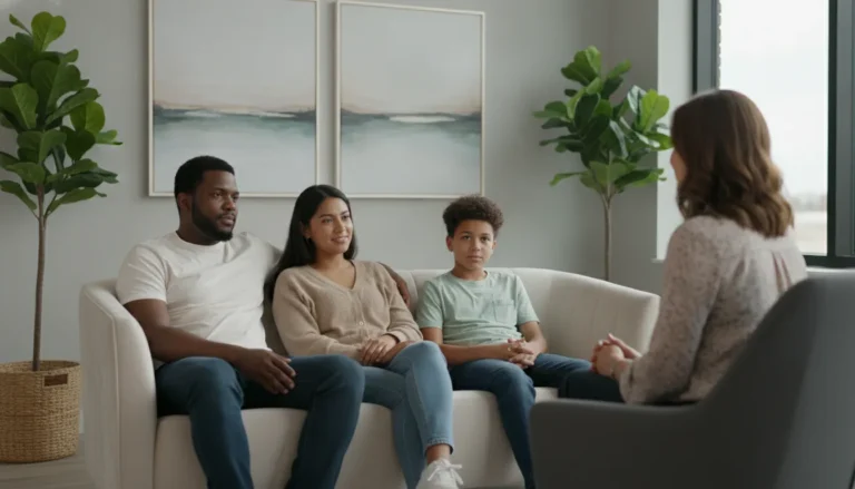 Família diversa conversa com terapeuta, fortalecendo vínculos na terapia familiar e saúde mental de todos.