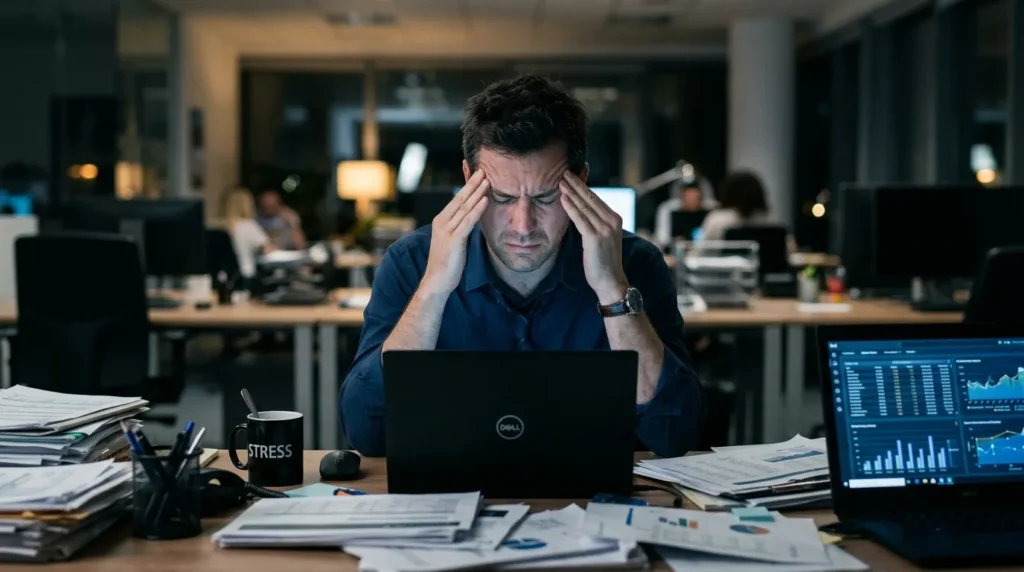 Homem cansado no escritório representando os sintomas do estresse crônico no trabalho.