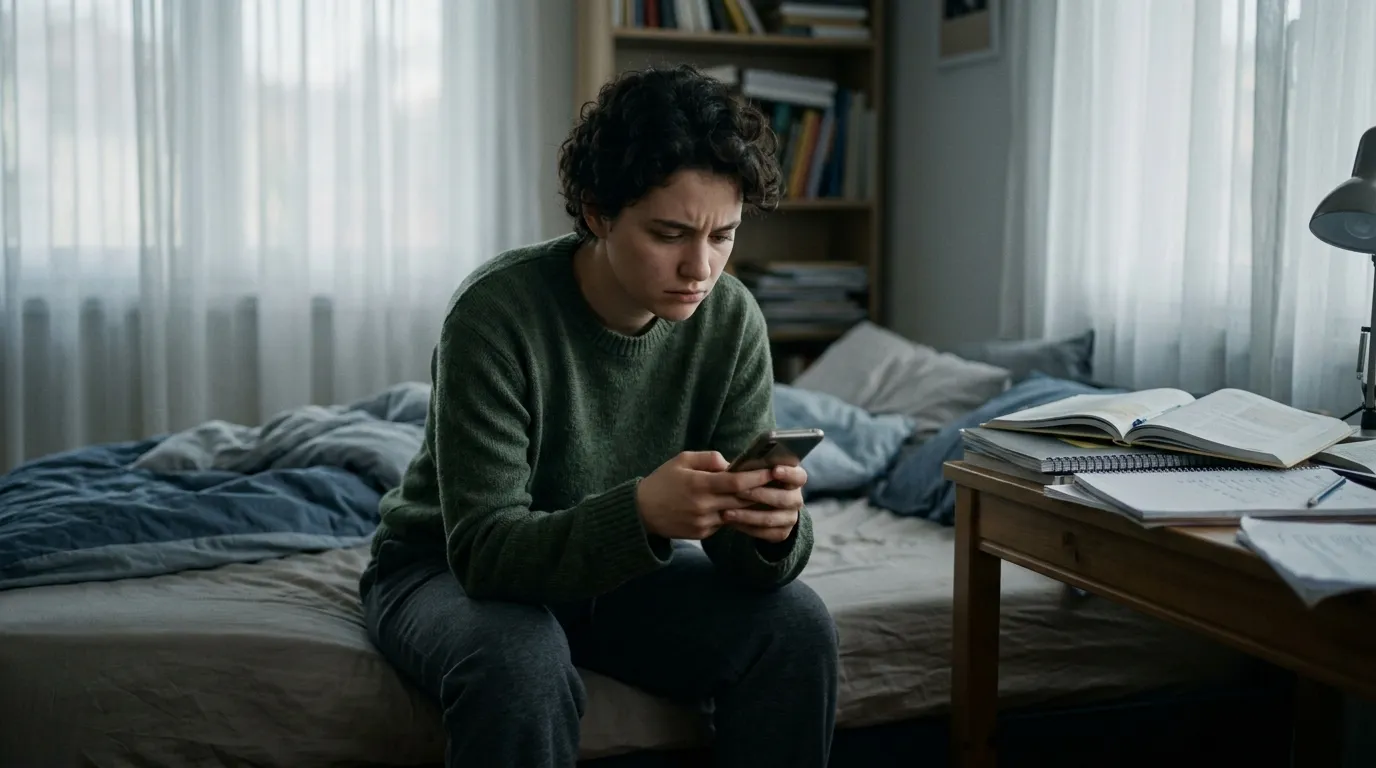 Jovem no celular evitando tarefas demonstrando procrastinação e sintomas de depressão.