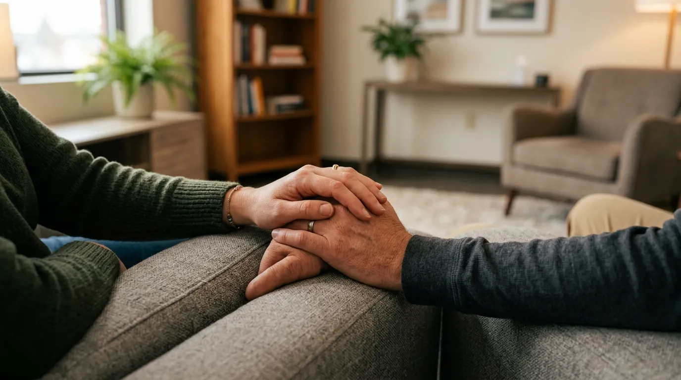Detalhe das mãos de um casal unidas durante consulta de terapia de casal para reatar laços emocionais.