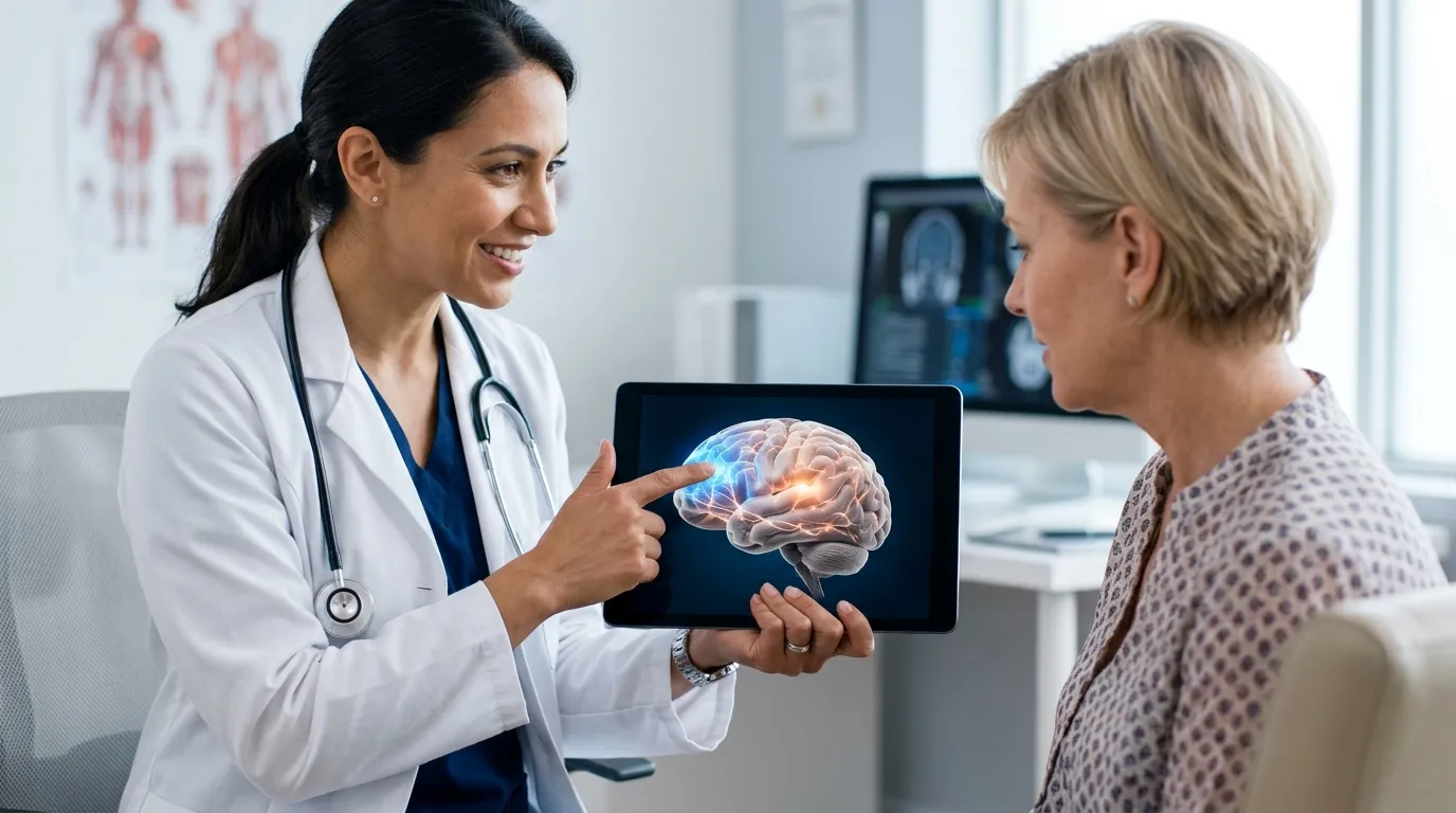 Médico explicando o mapeamento cerebral e tratamentos para o transtorno bipolar.