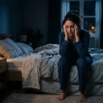 Mulher jovem sentada na cama sofrendo com insônia durante a noite em quarto escuro.