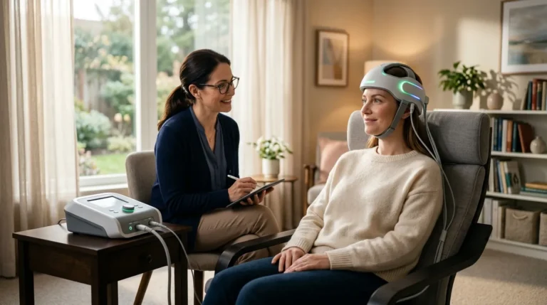 Sessão de neuromodulação moderna para controle do transtorno bipolar em consultório acolhedor.