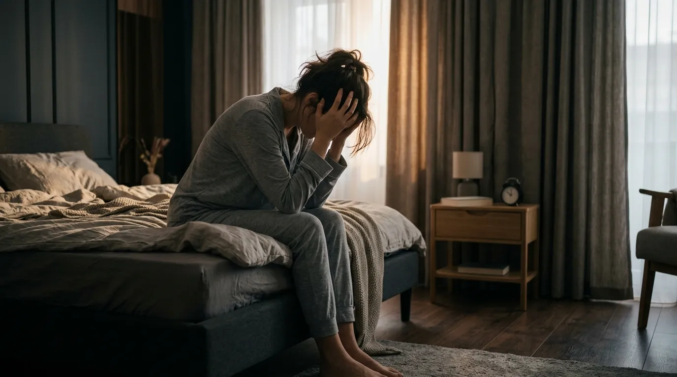 Pessoa sentada na cama cansada, representando cansaço extremo e os principais sinais de depressão no dia a dia.