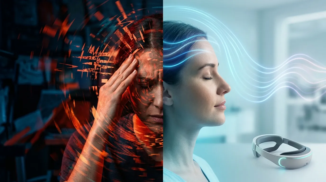 Ilustração conceitual de terapia para estresse crônico com neuromodulação.