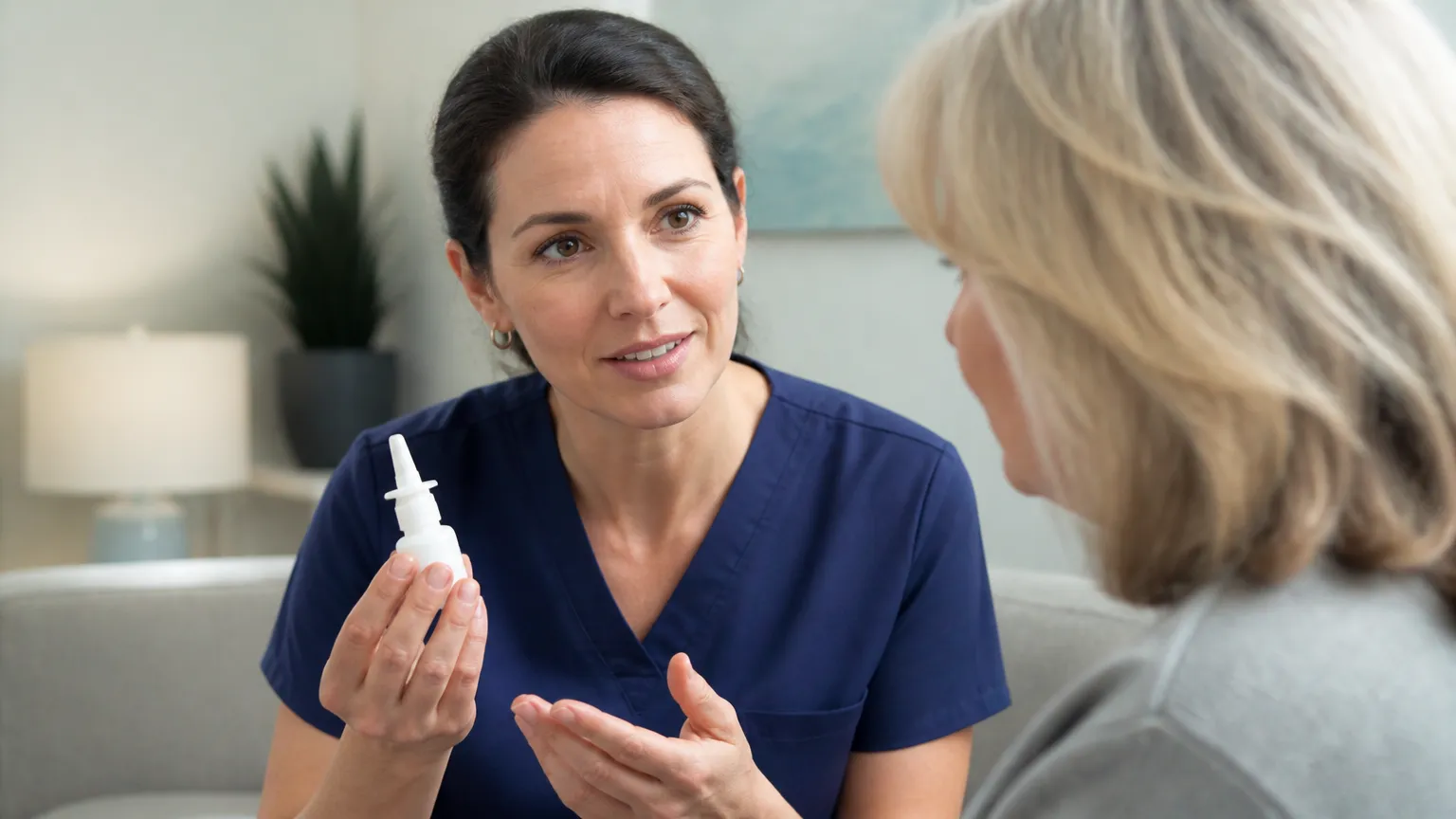 Profissional de saúde orientando aplicação supervisionada de escetamina para depressão em consultório.