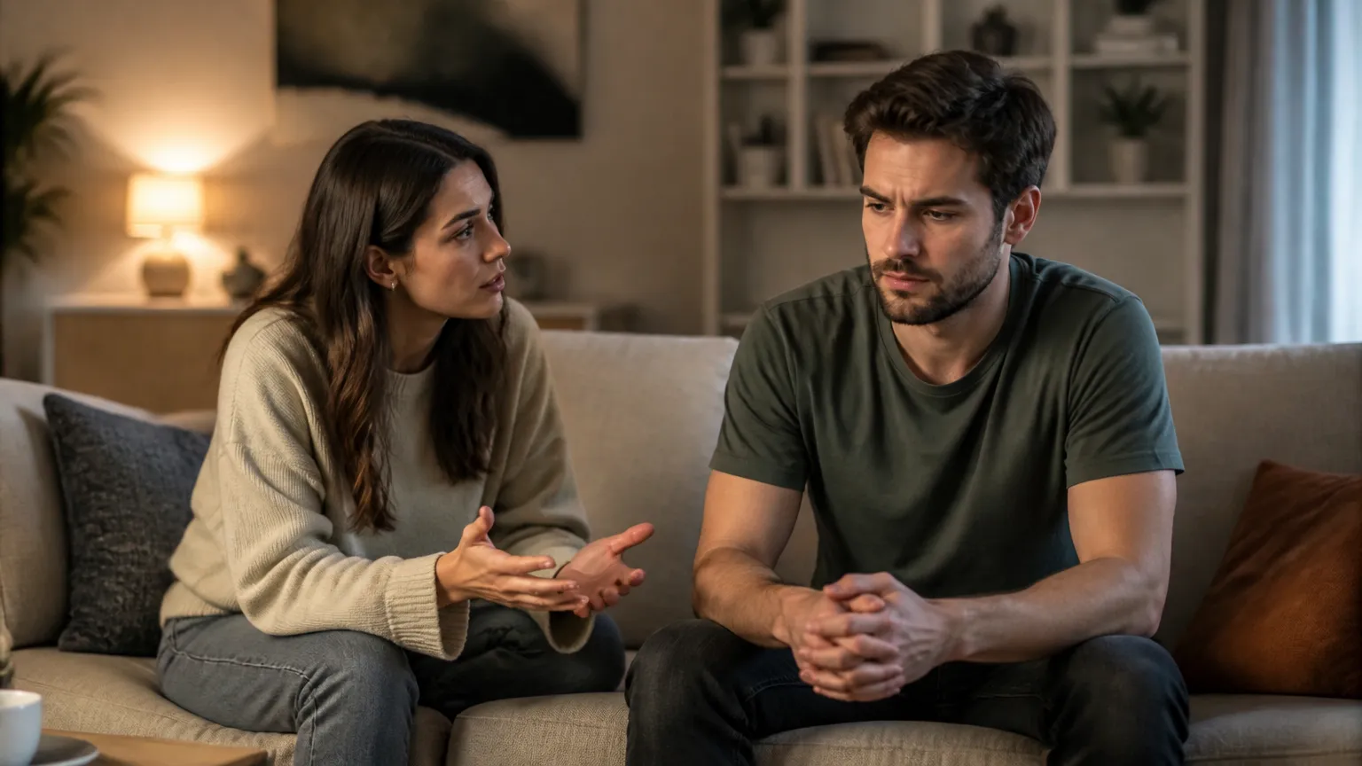 Casal dialogando no sofa retratando o impacto da alexitimia nos relacionamentos afetivos.