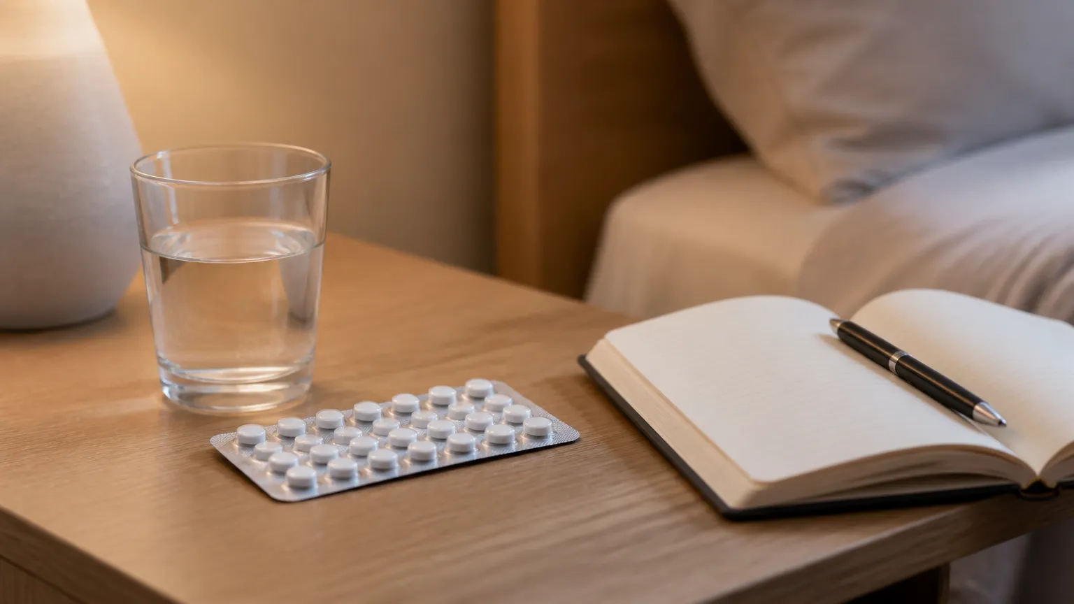 Comprimidos de escitalopram ao lado de copo de água em mesa de cabeceira organizada.