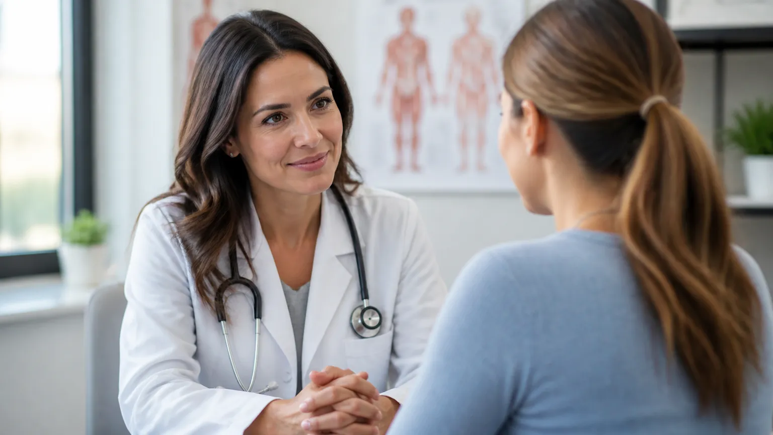 Consulta médica com especialista avaliando sintomas e exames para perimenopausa.