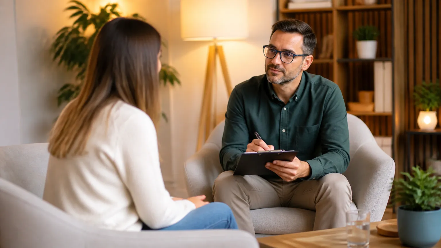 Consulta terapêutica acolhedora para tratar sintomas de despersonalização e ansiedade.