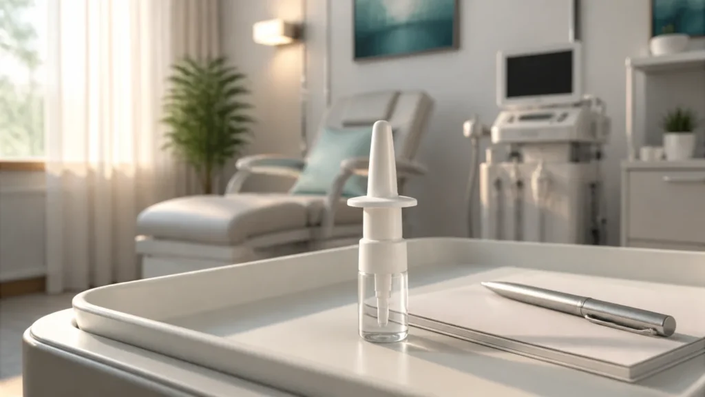 Dispositivo médico de escetamina em spray nasal sobre bandeja clínica em consultório psiquiátrico moderno.