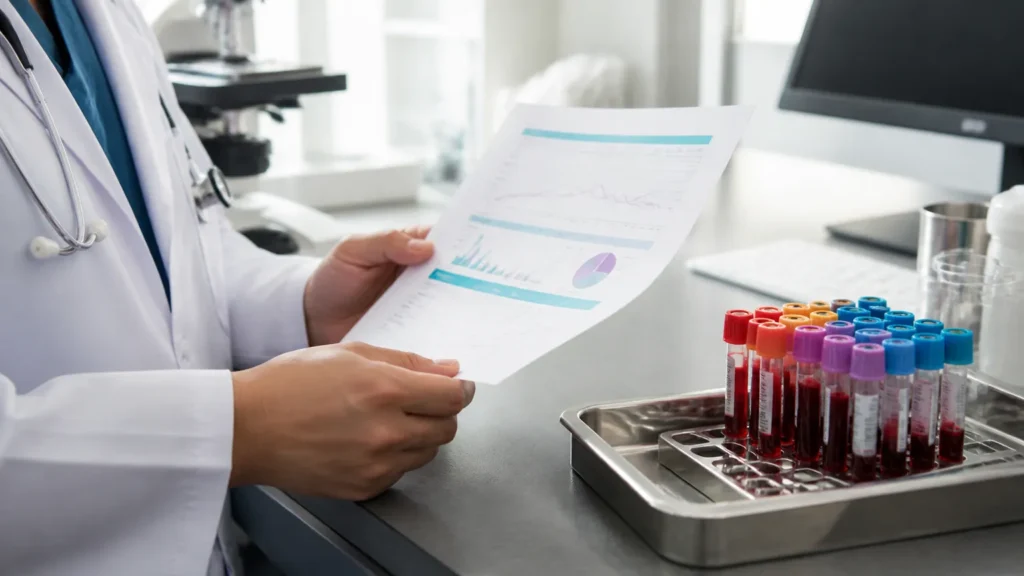 Exame laboratorial hormonal indicando cortisol alto sintomas e avaliacao clinica detalhada em consultorio.
