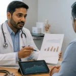 Médico avaliando exames laboratoriais para diagnóstico de resistência à insulina em clínica moderna.