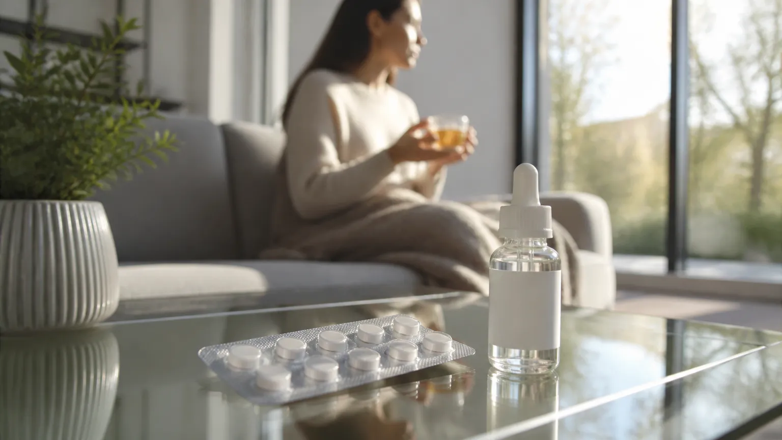 Frasco e comprimidos de clonazepam sobre mesa em ambiente calmo representando cuidados de saúde.